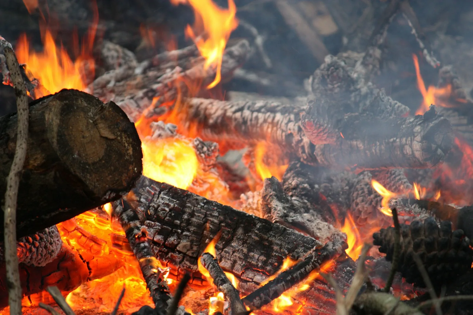 Glowing embers banked over a cooking pit