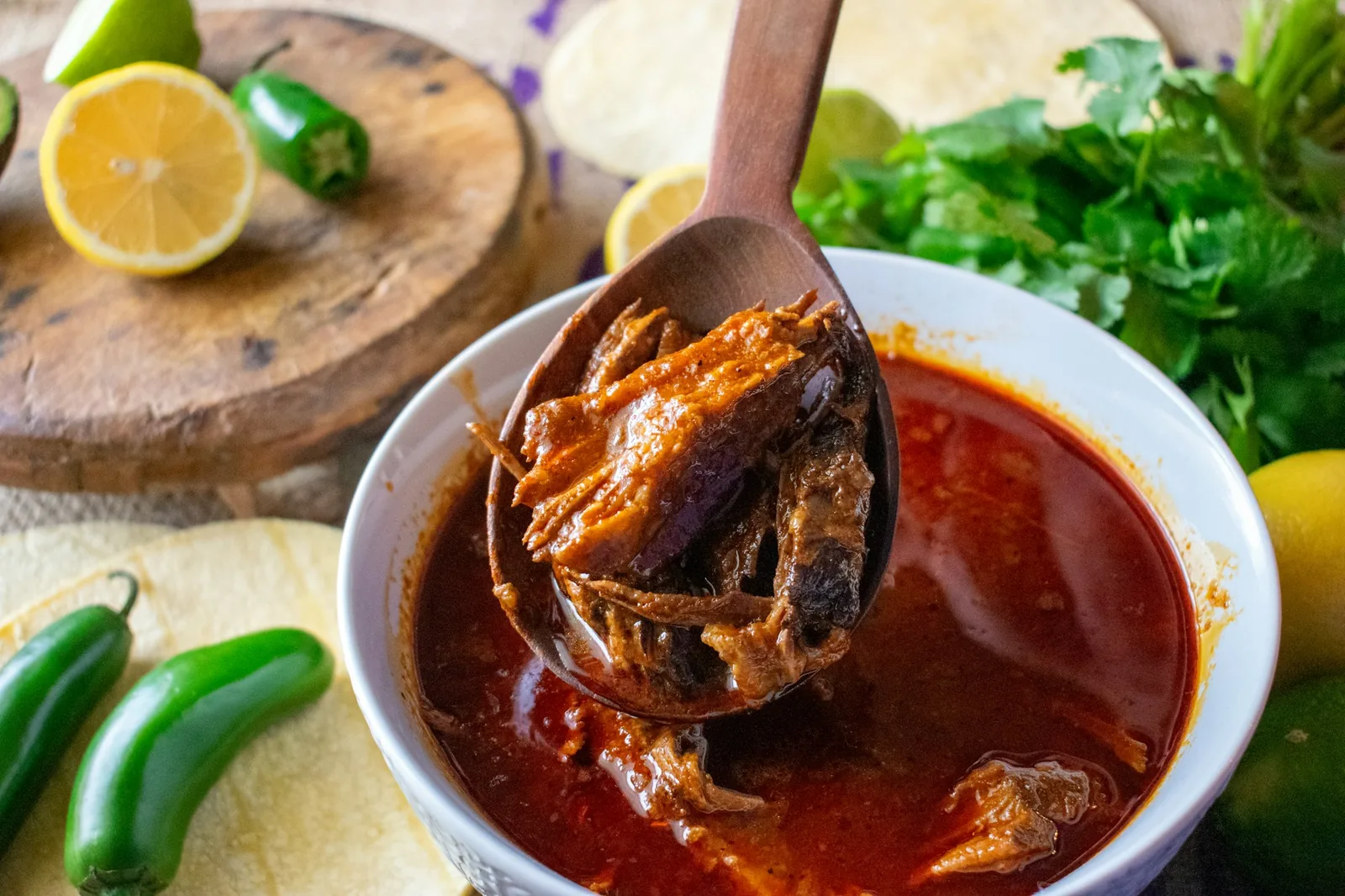 A bowl of birria served as a stew with tortillas on the side