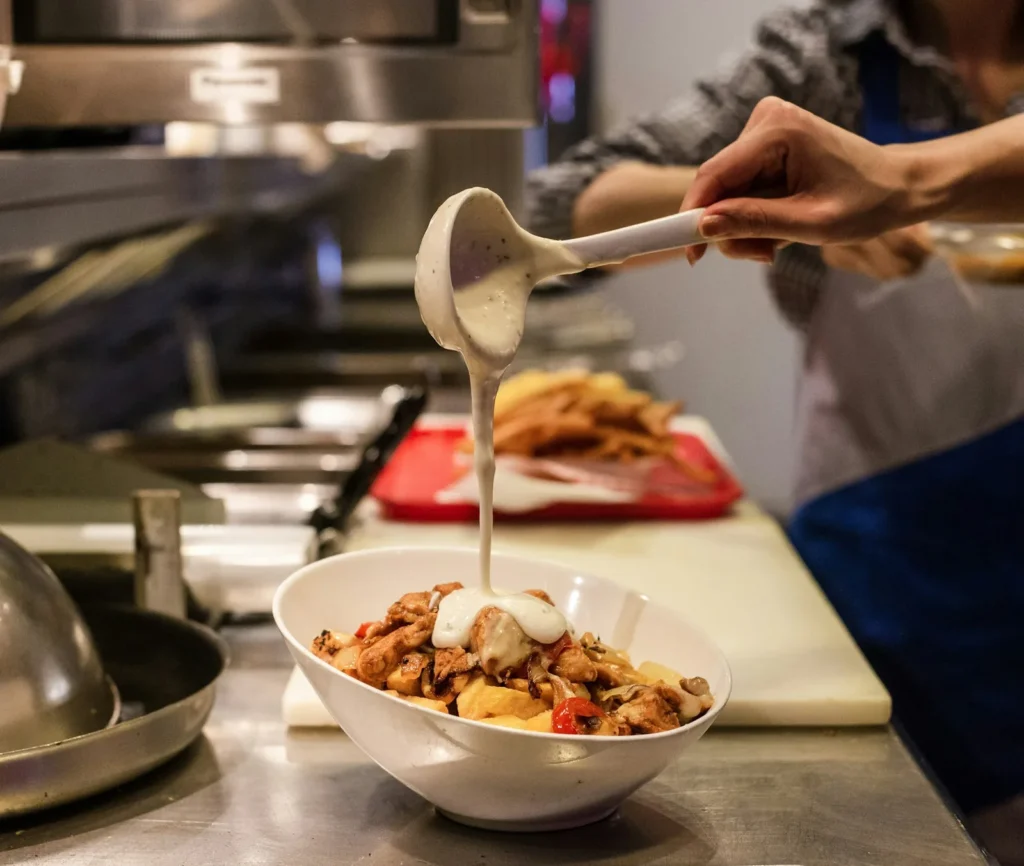 A pale cream being drizzled over a finished dish