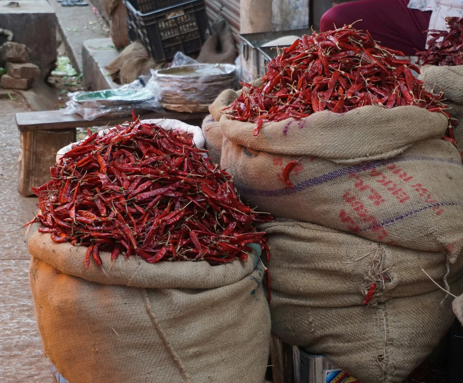Sacks of dried chillies at a market
