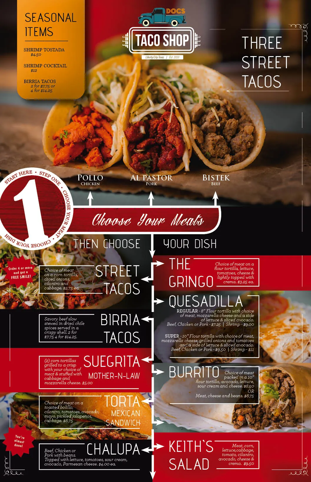 Doc's Taco Shop menu, page one: seasonal items, the choice of pollo, al pastor and bistek, and dishes including street tacos, birria tacos, suegrita, torta, chalupa, the gringo, quesadillas, burritos and Keith's salad