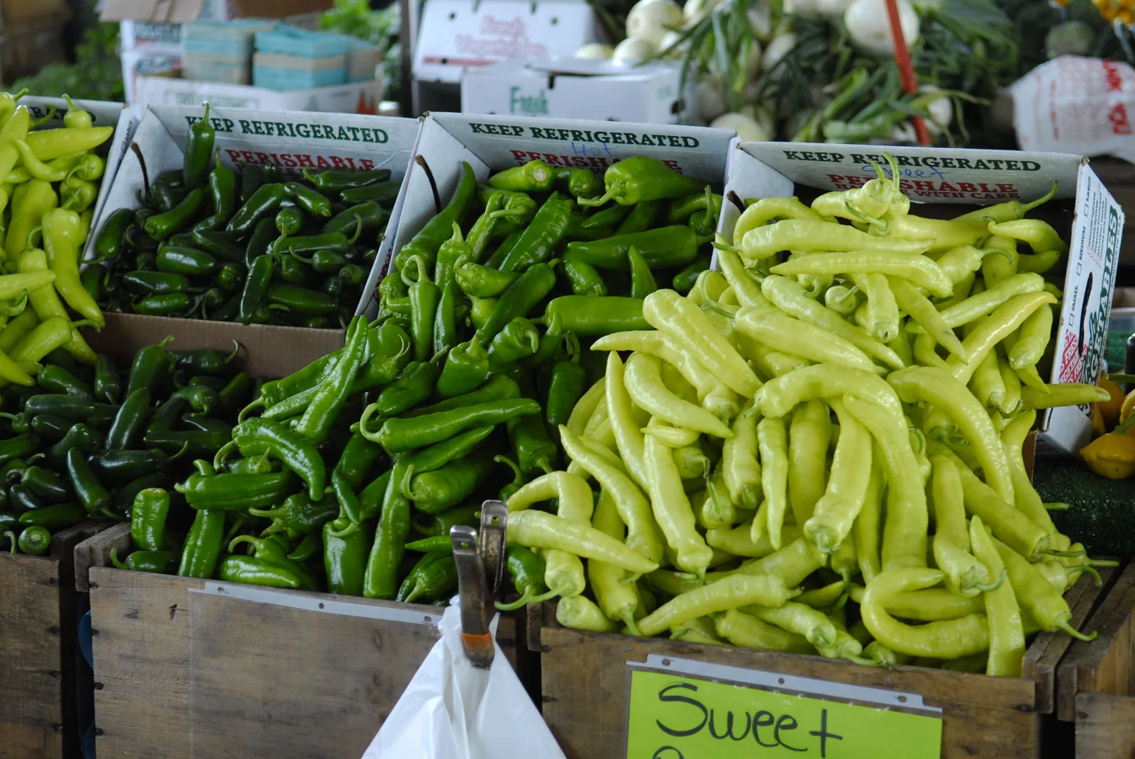 Slim, narrow green chillies
