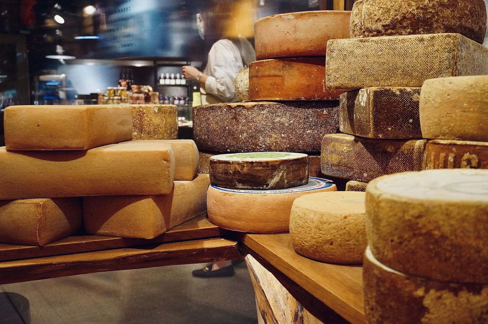 A cheese counter displaying several varieties