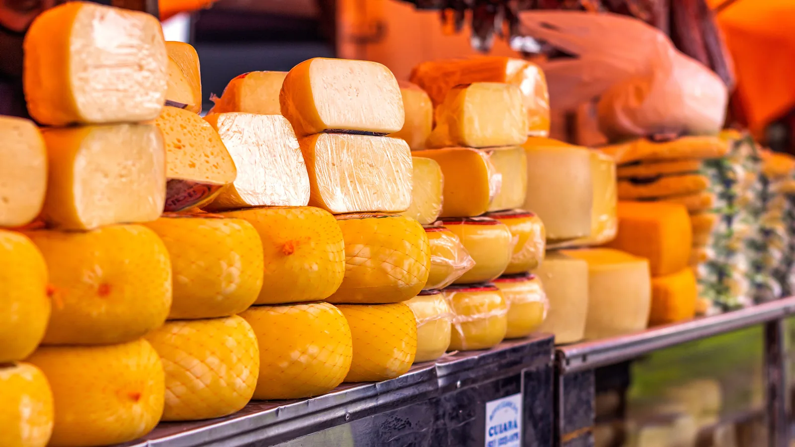 Blocks of fresh white cheese at a dairy counter
