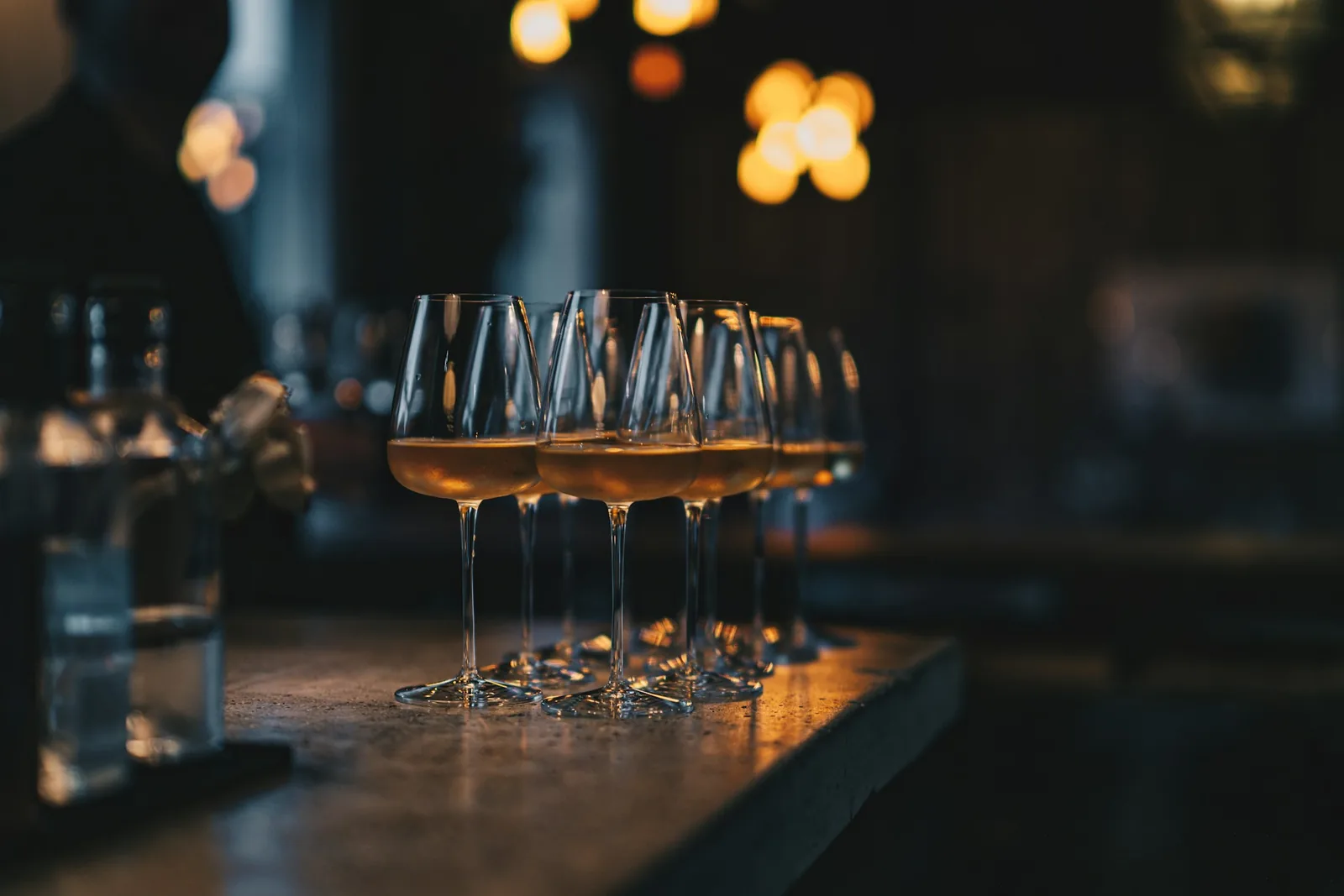 A bar counter in the evening