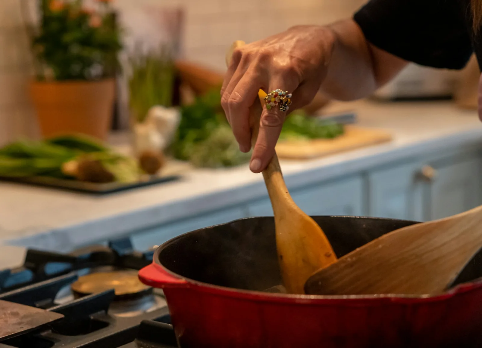A home kitchen with a large pot on the stove