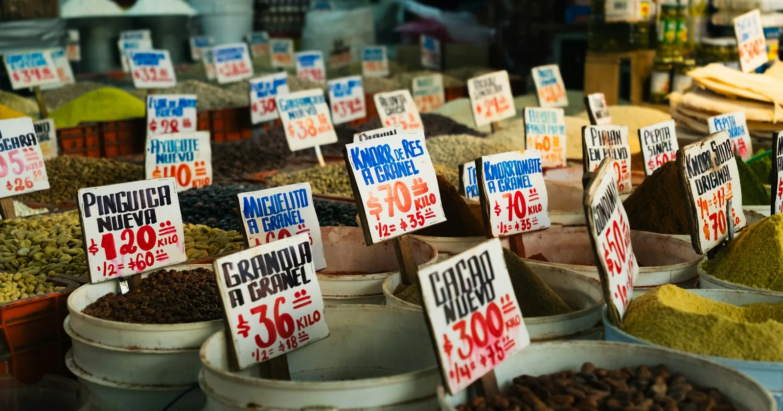 A market stall selling spices and chillies in bulk