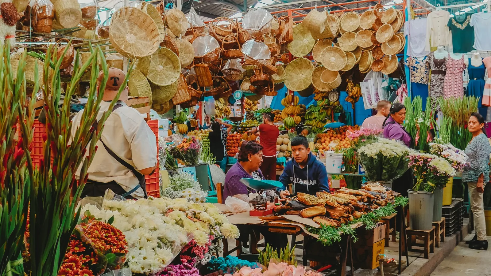 A busy covered market hall