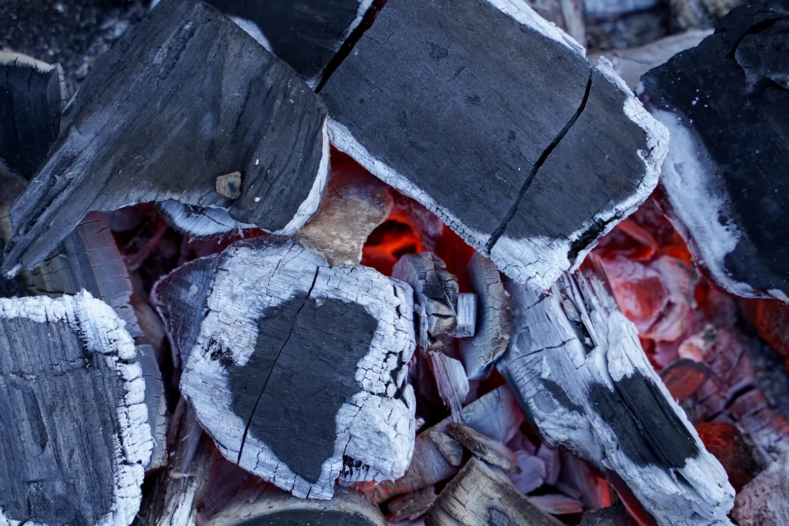 A wood fire burning down to coals